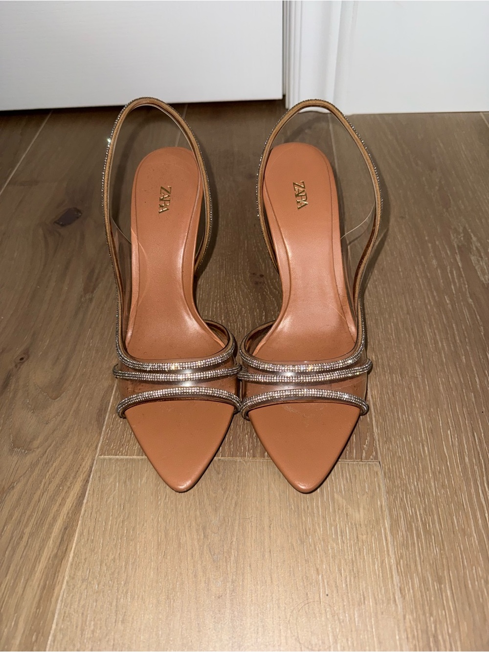 Zara Tan Pointed-Toe Clear D'Orsay Heels with Rhinestone Straps